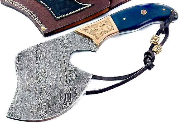 Dessi Handmade Damascus Steel Axe Hatchet Blue Micarta Handle Brass Eagle Engraving Leather Sheath Camping Bushcraft EDC Tomahawk Gift Men SM46