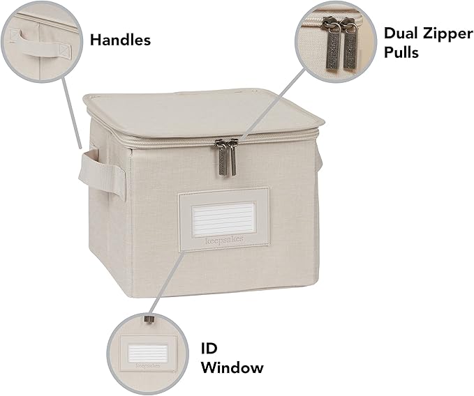Covermates Keepsakes Zip-Top Storage Box Set 3 Pack Heavy Duty Polyester Organizer Bins Stackable Design ID Window Reinforced Handles Closet Home Storage Beige Heather