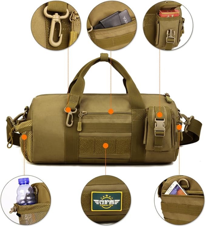 UNISTRENGH Tactical Duffle Cylinder Packs Tote MOLLE Handbag Gear Military Travel Carry On Shoulder Barrels Messenger Bags Small Valise (Black)