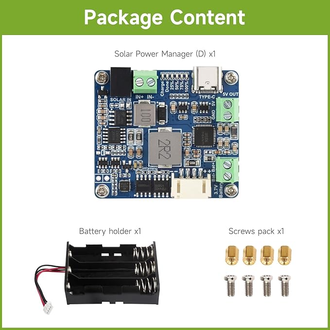 Waveshare Solar Power Manager Module (D) Solar Charge Controller USB Supports 6V~24V Solar Panel and Type-C Power Adapter 5V/3A Regulated Output with Battery Holder (Batteries are Not Included)