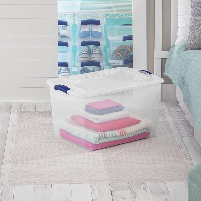 K&ampJ CHIPMUNK Storage Container Bin Storage Tote 64 Quart Clear Plastic Stackable Latch Box Tote with White Latching Lid Organizing Solution for Home &amp Classroom Blue Eclipse 6 Pack