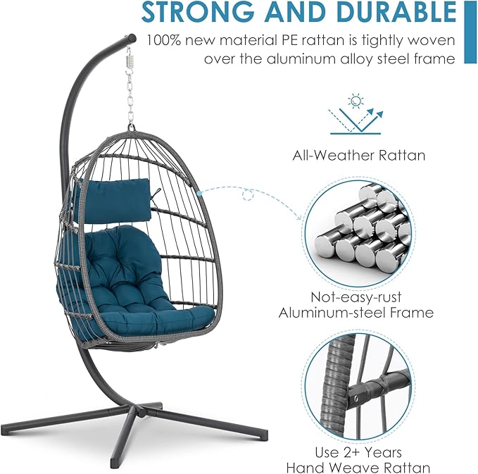 Brafab Wicker Rattan Hanging Swing Egg Chair Aluminum Frame and UV Resistant Cushion Indoor Outdoor Patio Porch Lounge Hand Made Chair 350LBS Capacity