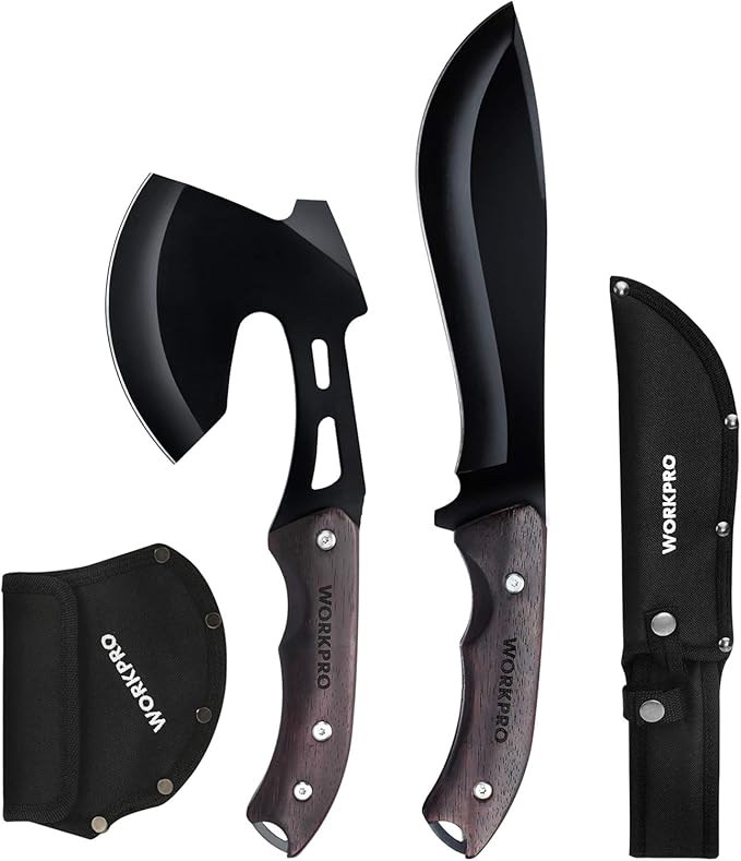 WORKPRO Axe and Fixed Blade Knife Combo Set Full Tang Wood Handle for Outdoor Camping Survival Hunting Sheath Included