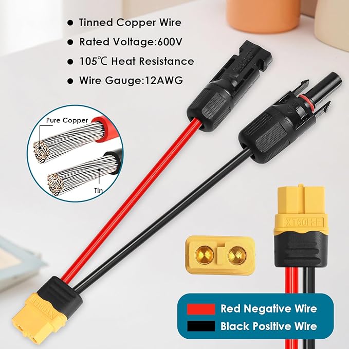 Solar to XT60 Charge Extension Cable 20FT 12AWG XT60 Solar Cable for Portable Power Station Battery Pack