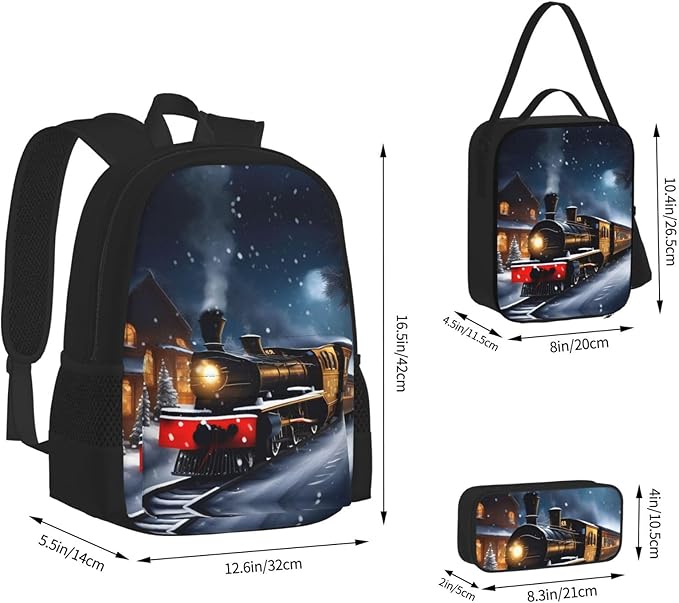 Winter Christmas Snow Night Railway Train Backpack With Lunch Box 3 In 1 Set With Pencil Case Large Capacity Backpack With Chest Strap
