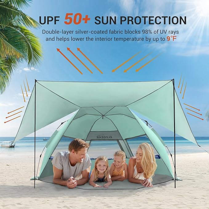 Elegear CumbreX™ Beach Tent with 360° Removable Canopy 4-6 Person Pop Up Sun Shade Shelter UPF 50+ Automated Installation Double Silver Coating Portable Lightweight Beach Cabana for Outdoor - Green