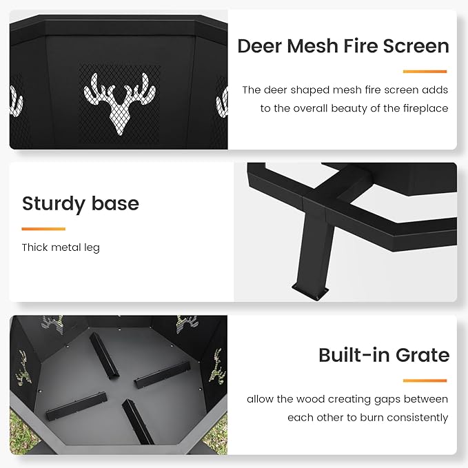 BOINN 35 Inch Octagonal Outdoor Fire PitFire Pits for Outside Wood Burning Fire PitFirepitFirepits for OutsideCampingBackyardPatioBonfireGardenPorchBlack