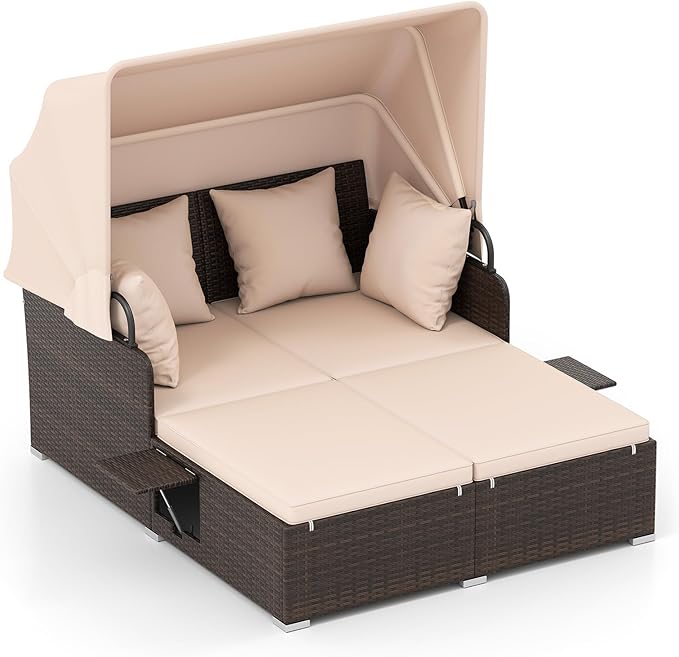 Tangkula Patio Rattan Daybed with Retractable Canopy Outdoor Wicker Sunbed with 2 Foldable Side Tables Thick Seat &amp Back Cushions Outside Double Daybed for Garden Backyard Porch Beige &amp