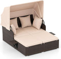 Tangkula Patio Rattan Daybed with Retractable Canopy Outdoor Wicker Sunbed with 2 Foldable Side Tables Thick Seat &amp Back Cushions Outside Double Daybed for Garden Backyard Porch Beige &amp