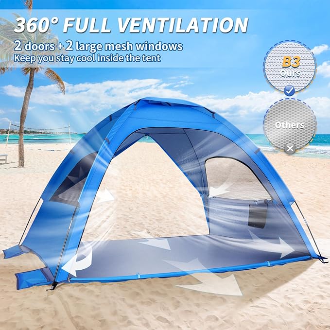 BESTonZON Foldable Beach Tent – Instant Pop-Up Sun Shelter with UPF 50+ UV Protection Lightweight Portable for Beach Camping Backyard Includes Carry Bag Stakes Windproof Anchors