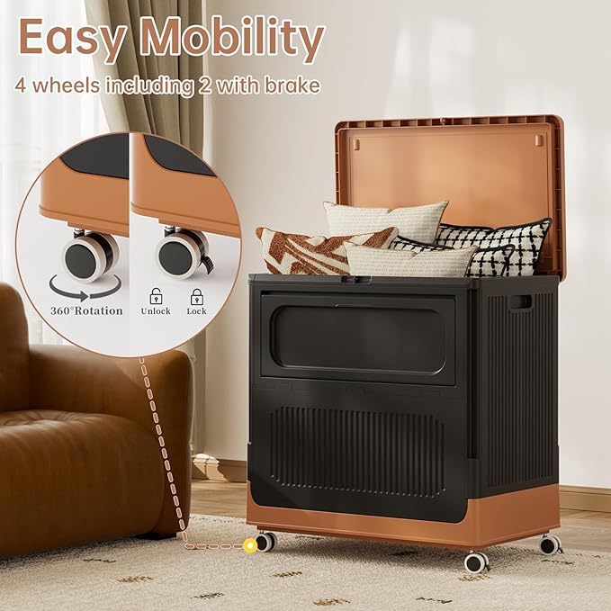 HAIXIN Large Storage Bin with Lid - 130QT Flip-top Storage Container with Wheels 32.5 Gallon Storage Chest Stackable Retro-style Organizer for Closet Bedroom Dorm Black and Brown