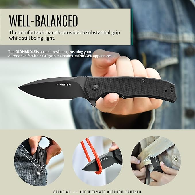 STARFISH Folding Knife 2.9 DC53 Steel PVD Titanium Coating Blade Pocket Knife with G10 Handle and Clip Lightweight Sharp Camping Hiking Daily Work Knives(black)
