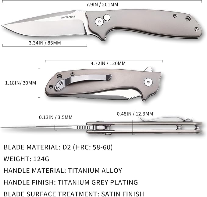 3.34 D2 Steel Folding Knife with Titanium Handle - EDC Pocket Knife with Clip for Men &amp Women Compact Daily Carry Utility Tool PK-T001