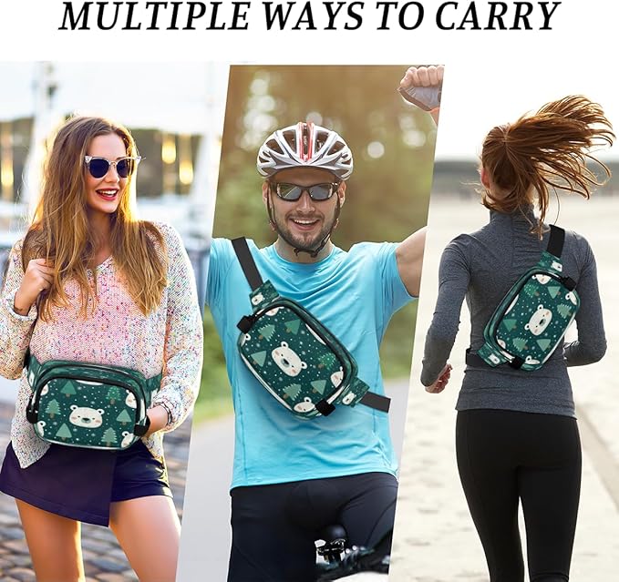 Bears Trees Snowflakes Waterproof Fanny Pack for Women Men Adjustable Waist Bag with Double Zipper Pockets Lightweight Square Hip Pack for Running Travel Hiking Workout Cycling