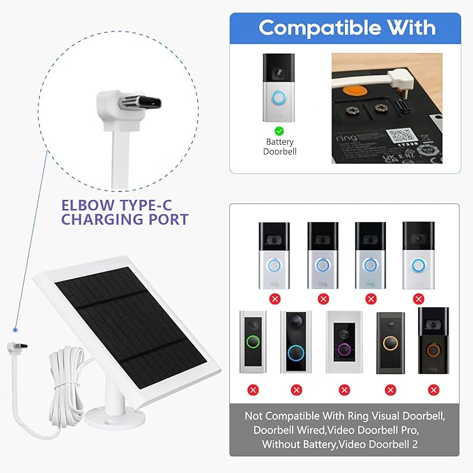 for Ring Doorbell Solar Panel - 4W Charger Compatible with Battery Doorbells Type-C Charging Port 9.84ft Cable