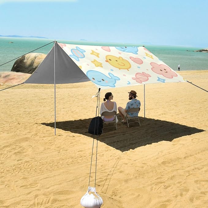 Beach Canopy with Windproof Ropes &amp Sandbags Beach Tent Sun Shade Sun Shelter for Camping Trips Fishing Backyard Fun or Picnics Cartoon Animals