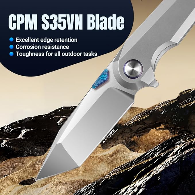 ioko Pocket Folding Knife with Titanium Alloy Handle S35VN Steel Blade Ice Crystal Anodized Finish 2.9 Inch Blade EDC Camping Hiking Outdoor (silver gray)