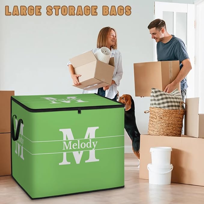 Personalized Extra Large Storage Basket with Lid Comforters Spring Green with Initial Letter Blanket Bedding Storage Bin for Home Collapsible Basket for Clothes Moving Car Trunk