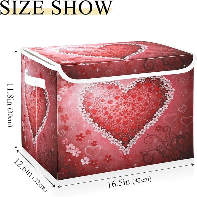 senya Valentines Baskets Collapsible Storage Bins with Lids Love Heart Floral Heart Storage Boxes Clothes Baskets for Organizing