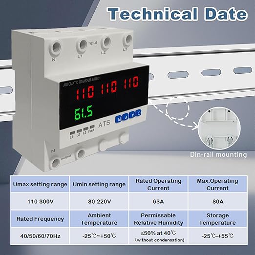 4P Automatic Transfer Switch with LCD Display 63A Triple Power ATS with 4 Digital Displays for Input &amp Output Real-Time Volrage Monitoring Automatic Changeover for Utility/Generator/Solar