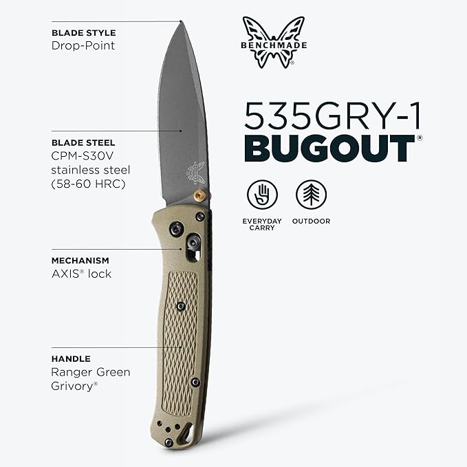 Benchmade - Bugout Outdoor EDC Folding Knife Slim Lightweight Plain Edge Drop-Point Blade CPM-S30V Stainless Steel (58-60HRC) Grivory Handle (535GRY-1)