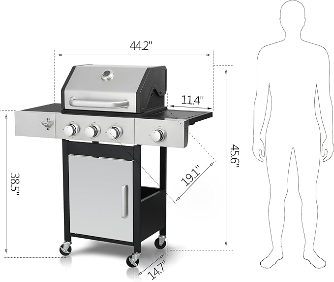 BBQ Grill 3-Burner Propane Gas Grill with Side Burner 37230 BTU Output Enameled Cast Iron Cooking Grids &amp Stainless Steel Front Door for Outdoor BBQ Camping and Family Gatherings
