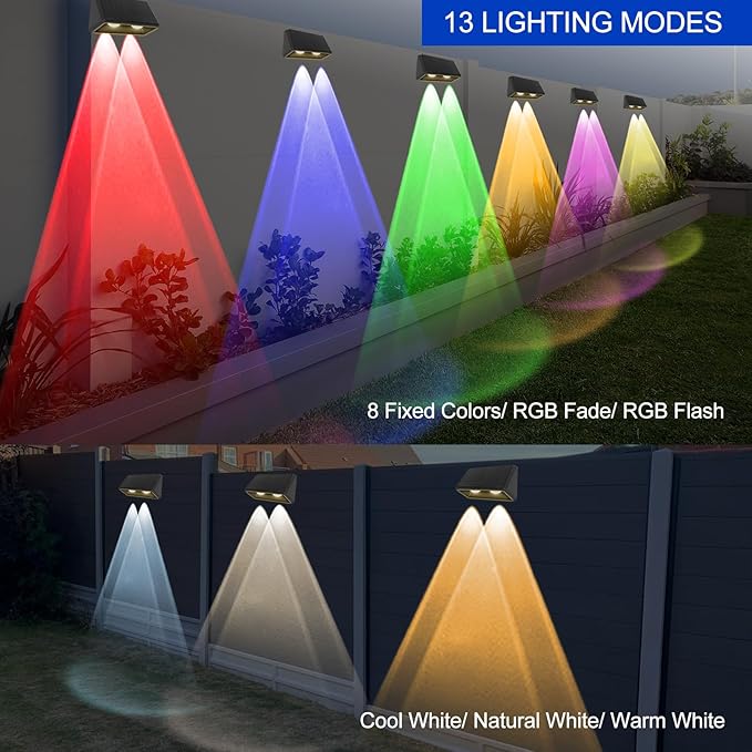 Solar Fence Lights Outdoor 8-Pack 3000/4000/6000K &amp 8 RGB Colors IP65 Waterproof LED Fence Lights Solar Powered 100 Lumens Outdoor Light for Yard Patio Deck Wall Stair Step Railing (4PK)