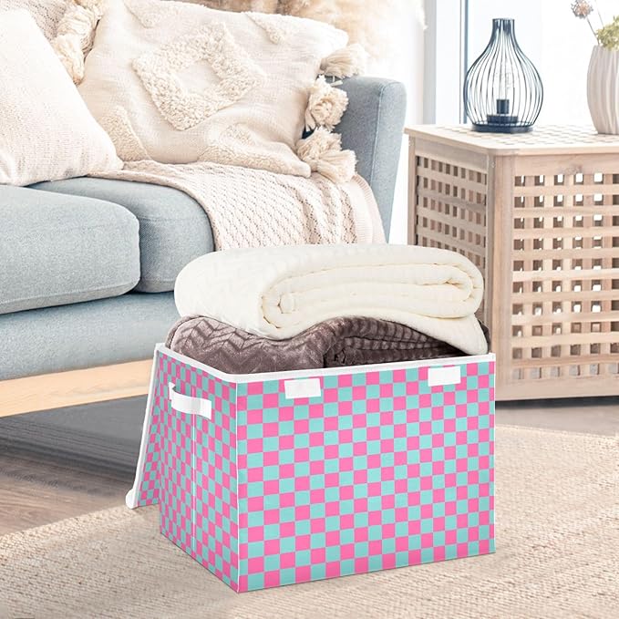 Pink Blue Checkerboard Storage Baskets Lidded Bin Foldable Storage Boxes Cubes Lids with 2 Handles for Organizing Closet Home Office