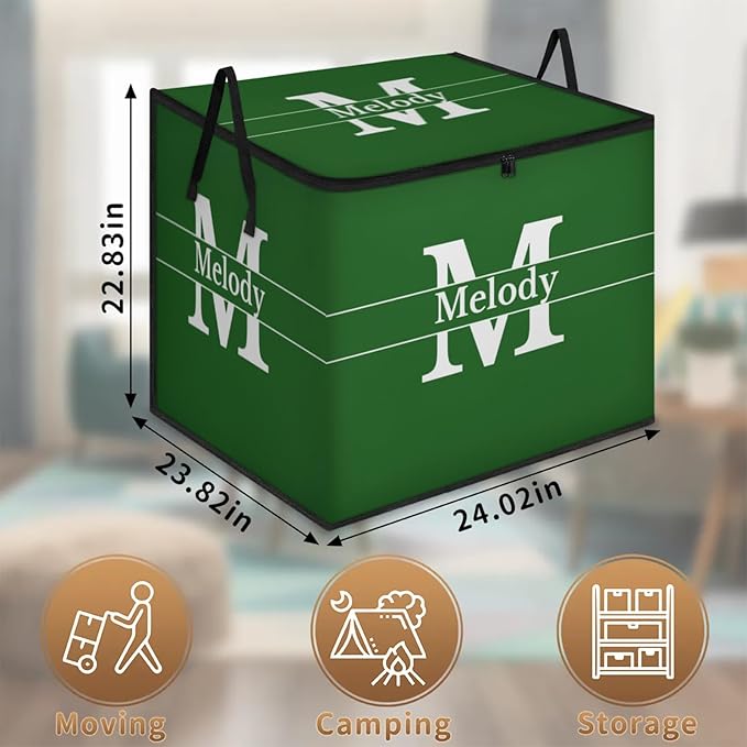 Personalized Storage Bags with Lid Large Blanket Clothes Organization and Storage Containers for ComfortersBedding Foldable Organizer with Reinforced Handle Forest Green with Initial Letter