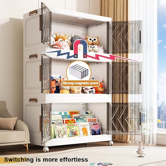 4-Pack Collapsible Storage Bins with Lids Heavy-Duty Stackable Storage Bins with Wheels &amp Clear Doors Multi-Tier Foldable Organizer for Home Closet Office Seasonal Clothing Books