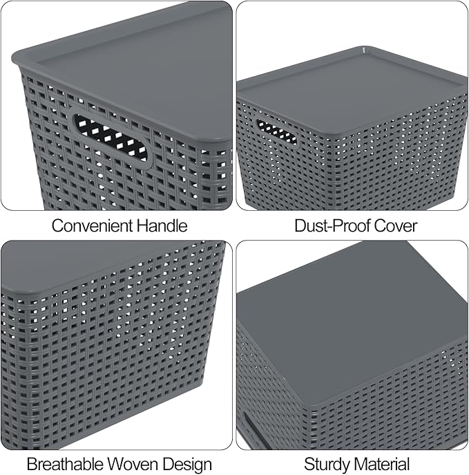 6-Pack Large Plastic Storage Basket Bins with Lid Stackable Storage Baskets with Lids 14.05 x 11.65 x 8.66 Gray