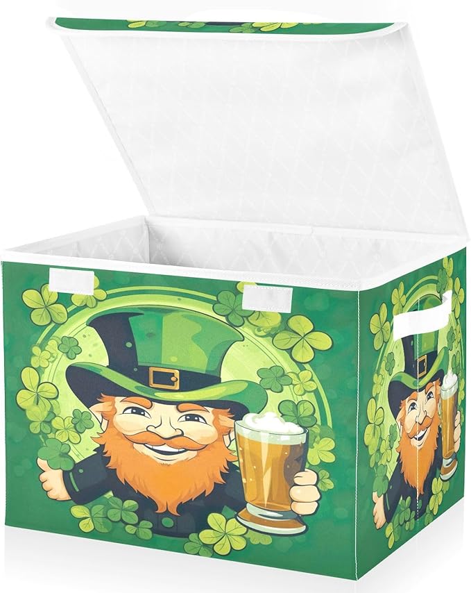 Christmas Storage Baskets with Lids Leprechaun Collapsible Bins Stackable Fabric Linen Baskets Closet Organizer Container 16.5x12.6x11.8