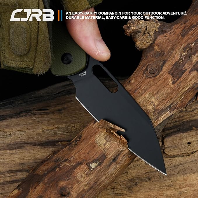 CJRB Pyrite-Alt (J1925A) Folding Pocket Knife with 3.11'' Black PVD AR-RPM9 Blade Green G10 HandleButton Lock EDC Knife with Thumb Hole for OutdoorHiking