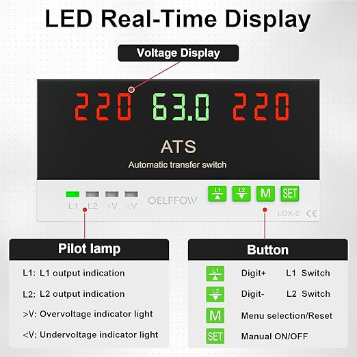 110 VAC Dual Power Automatic Transfer Switch 2-Pole 63 Amp DIN Rail ATS Adjustable Emergency Power Switch with 3.54” Guide Rail