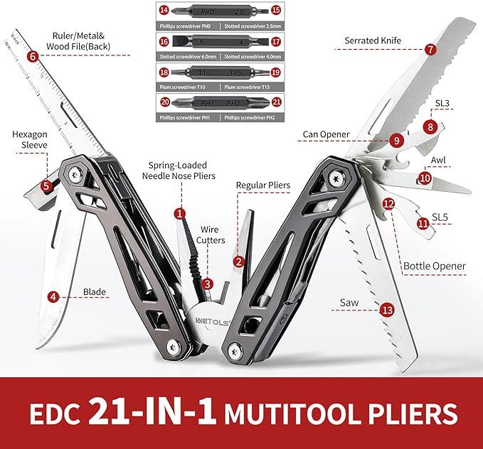 Father‘s Day Gifts for Men Dad Him WETOLS 21-in-1 Multitools with Pocket Knife Stainless Steel Self-locking Pliers with 8 Screwdriver Bits Multi Tool Survival Gear EDC Knife with Pouch for Outdoor
