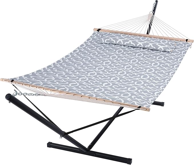 SUNCREAT 55 Inch Extra Large Double Hammock with Stand 475lbs Capacity Outdoor Portable Hammock with Hardwood Spreader Bar Extra Large Pillow Grey