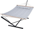 SUNCREAT 55 Inch Extra Large Double Hammock with Stand 475lbs Capacity Outdoor Portable Hammock with Hardwood Spreader Bar Extra Large Pillow Grey