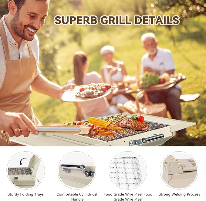 Portable Charcoal Grill Foldable Grills BBQ Grill Charcoal Small Grill for Travel Camping Outdoor Cooking Backyard Hiking Patio Garden PicnicsBeige