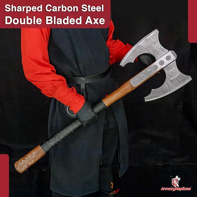 Armory Replicas™ Viking Double-Bladed Axe with Carbon Steel Blades and Leather-Wrapped Walnut Handle