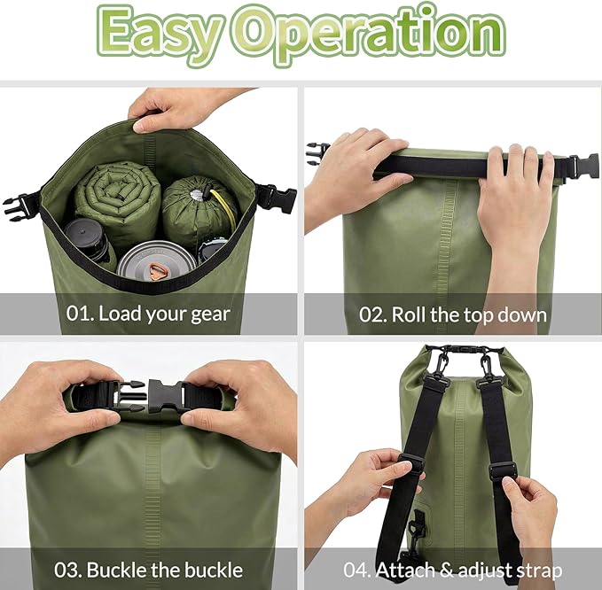 kullder Waterproof Backpack 20L Army Green Roll Top Water Proof Dry Bag Heavy Duty Floating Dry Bag for Kayaking Ship Camping Hiking Backpack with IPX8 Waterproof Phone Pouch-Black 7