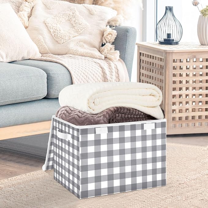 Collapsible Storage Bins with Lids Decorative Fabric Storage Cubes Closet Organizer and Storage Basket Boxes Containers for Clothes Box Chest Nursery Folding Rectangle Black Grey Checkered