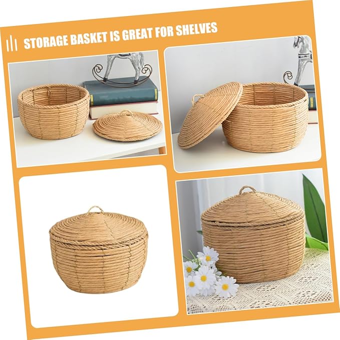 KOMBIUDA Handwoven Round Storage Basket Lid Large Decorative Rope Basket for Table Pantry Home Organization Versatile Food and Toy Storage