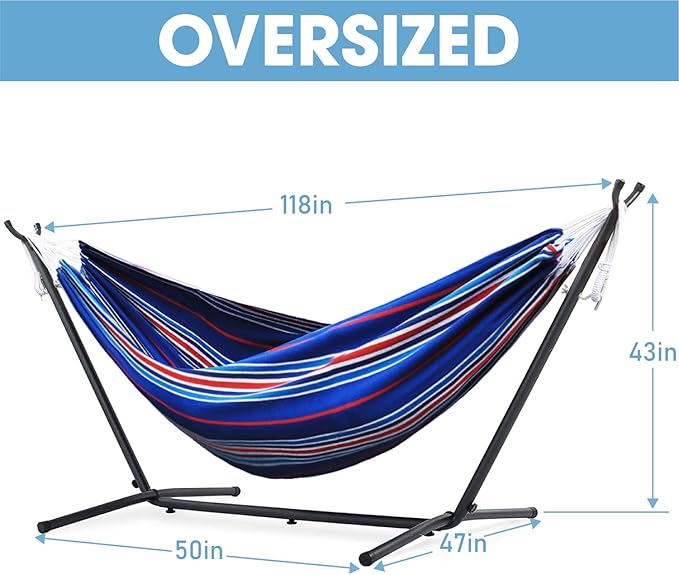550lbs Capacity Double Hammock Adjustable Hammock Bed with 10ft Heavy Duty Steel Stand Includes Portable Carrying Case Easy Set up Blue Pinstrip B