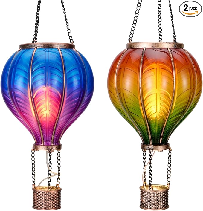 TERESA'S COLLECTIONS 2 Pack Hanging Solar Lantern Outdoor Garden Decor for Valentine Waterproof Plastic Hot Air Balloon Orange Flickering Flame Effect Lantern for Yard TreeGift for Mom18