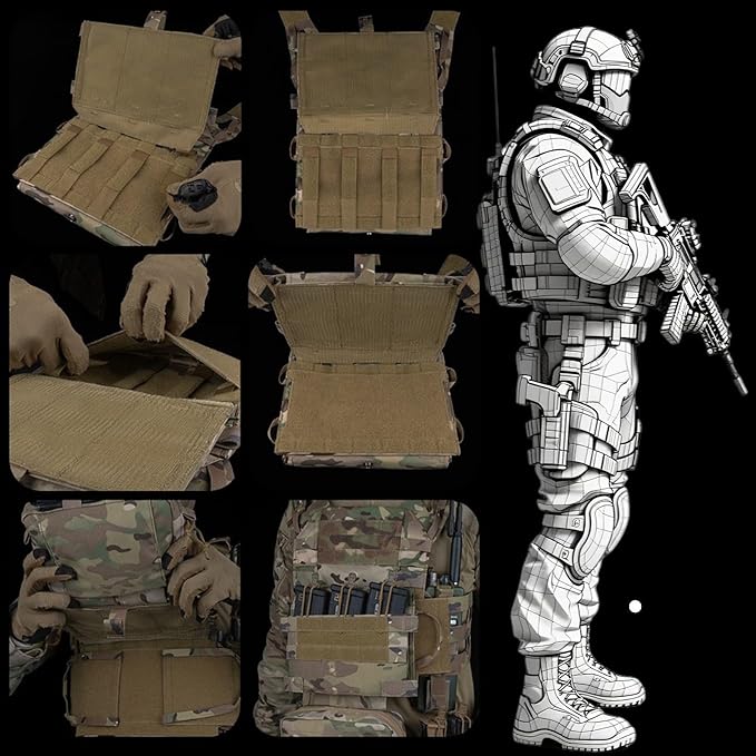 Tactical MOLLE Chest Rig with Triple M4 Mag Pouch Bungee Retention Camo Plate Carrier Accessories for Tactical Gear