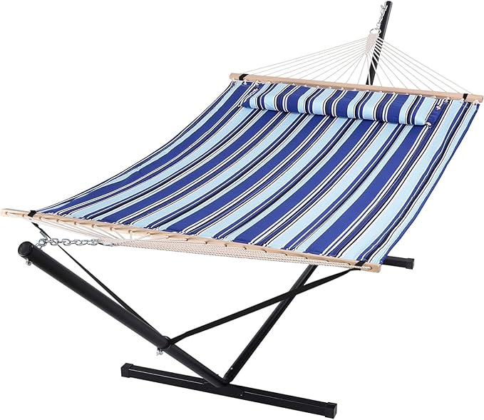 SUNCREAT Two Person Hammock with Stand Heavy Duty Free Standing Hammocks Outdoors for 2 Person Max 475lbs Capacity Blue Stripes