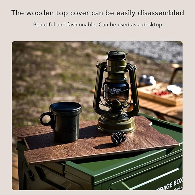Folding Camping Storage Box with Wooden Lid Storage Bin Container with Wheels for Car Camping Picnic