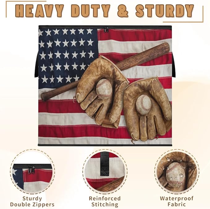 Large American Flag Storage Bags with Lid XL Blanket Clothes Storage Bins Foldable Organizers Storage Containers with Handle for Comforters Bed Sheets Pillows 4th of July Baseball