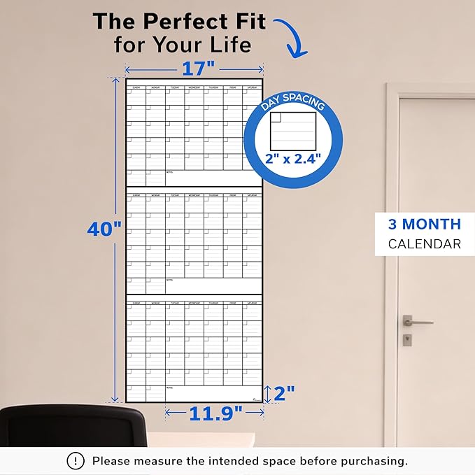 (2 PK) 3 Month Dry Erase Calendar for Wall 40x17 3 Month Wall Calendar Dry Erase Big White Board for Office Home &amp School Erasable Whiteboard Monthly Undated Reusable White Board Planner