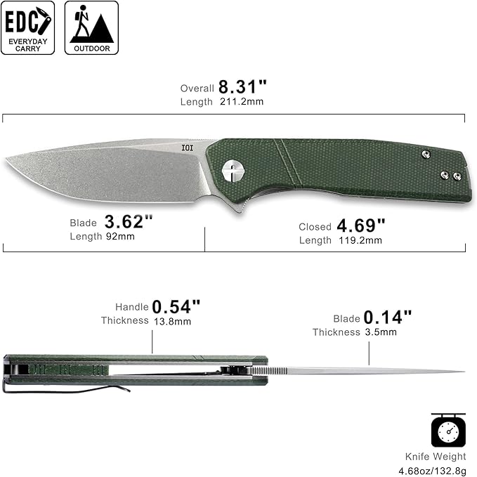 IOI Task Force I51186 Pocket Knife for Men – 14C28N Stonewashed Folding Blade Green Micarta Handle EDC Folding Knife with Clip Enhanced with Custom Left-Side Clip for Camping &amp Everyday Carry